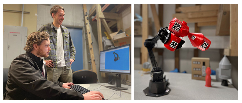 Left: Man looking at a computer. Right: Closeup of robotic arm.