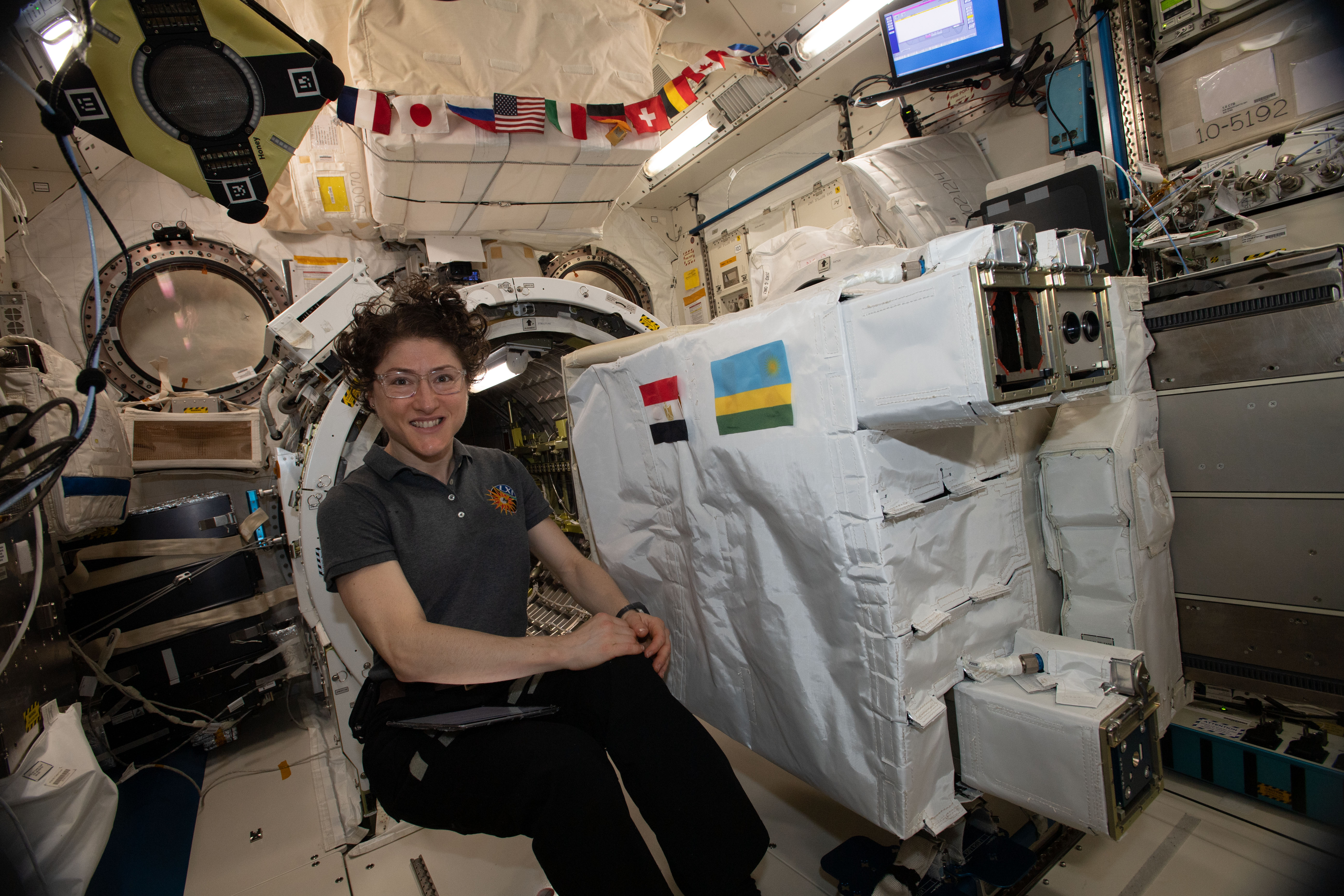 astronaut Christina Koch works inside Japan's Kibo laboratory