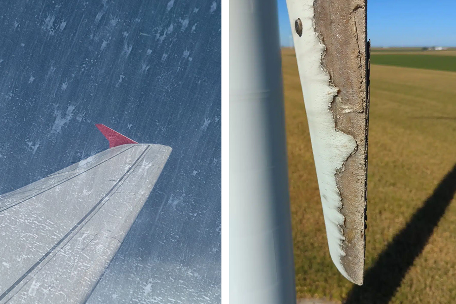 Collage showing an airplane wing on a rainy day on the left and an eroded wind turbine blade on the right.