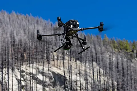 Drone flying, in the background are burnt trees affected by wildfires